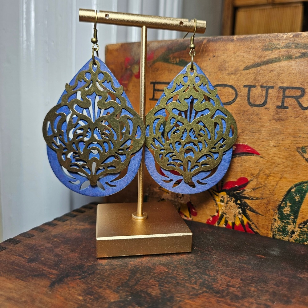 Boho Wood Metal Earrings Women OS Blue Gold Filigree Teardrop Dangle Boho